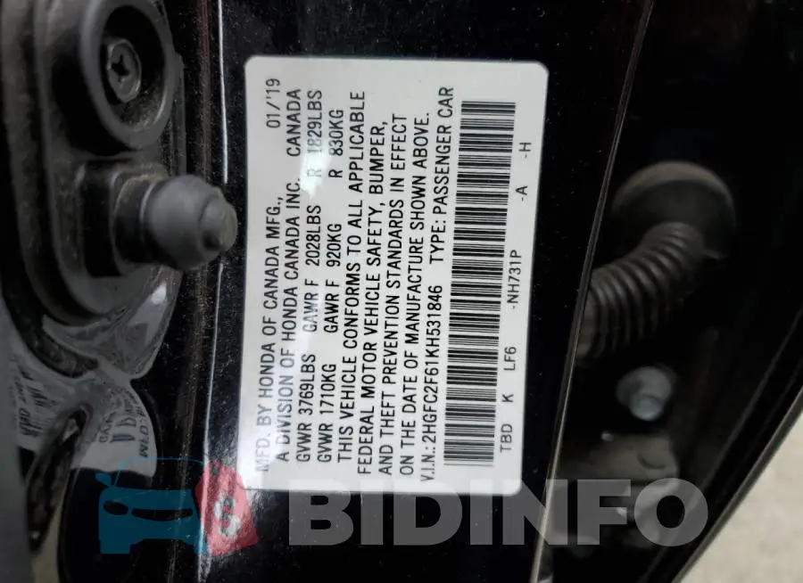 2HGFC2F61KH531846 Photo# 12