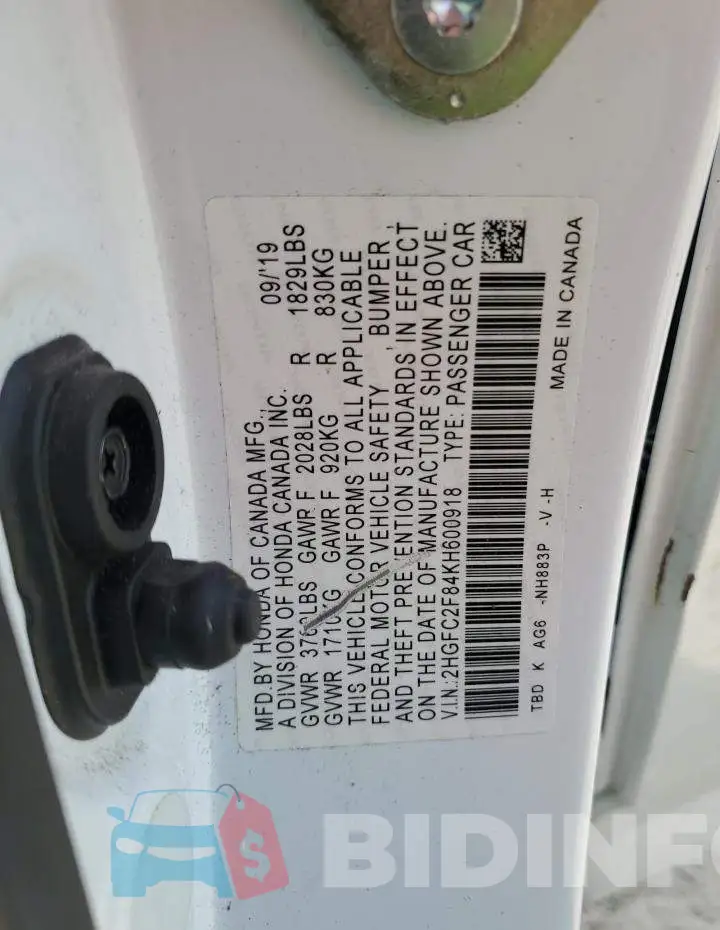 2HGFC2F84KH600918 Photo# 12