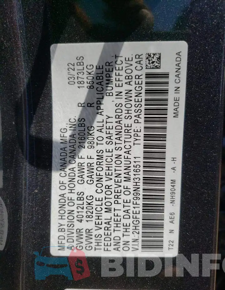 2HGFE1F99NH316511 Photo# 12