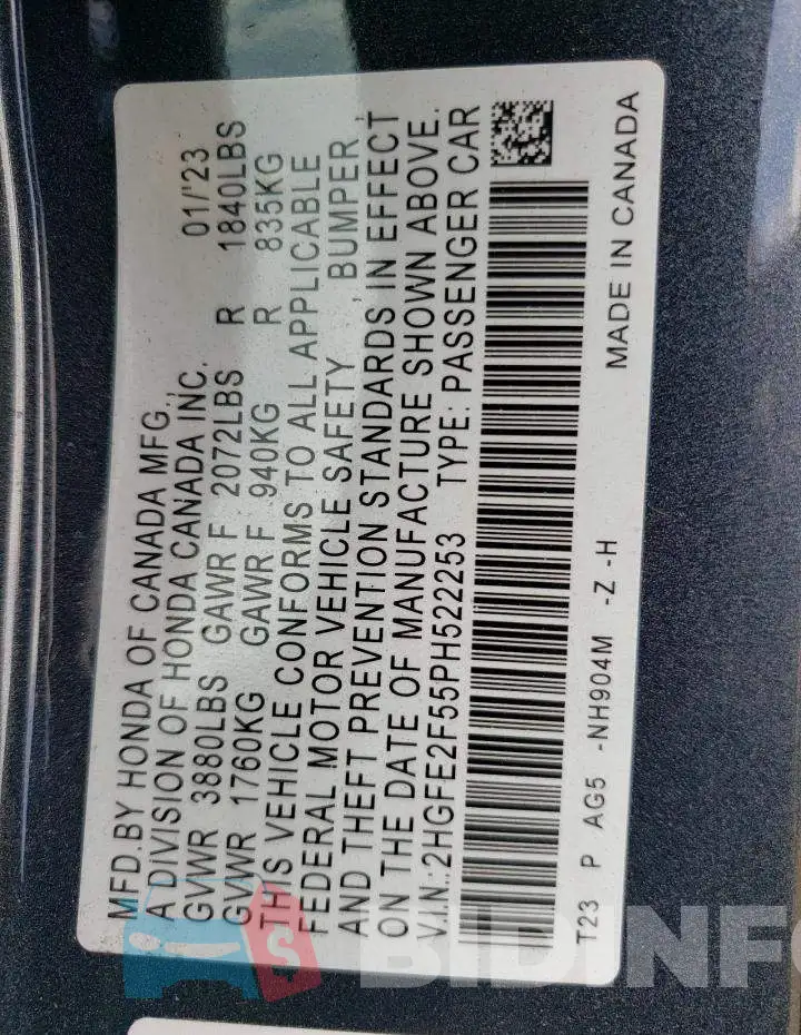 2HGFE2F55PH522253 Photo# 12