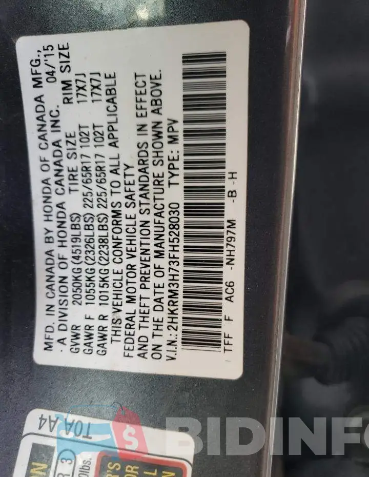 2HKRM3H73FH528030 Photo# 12