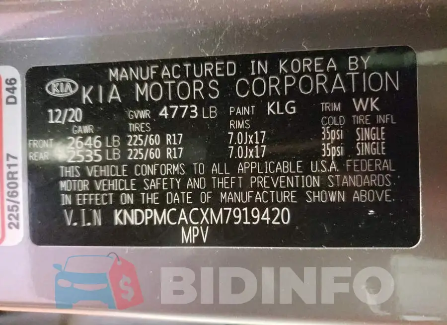 KNDPMCACXM7919420 Photo# 13