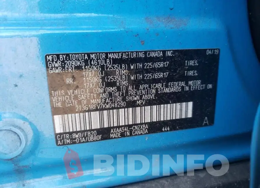 2T3G1RFV7KW048290 Photo# 13