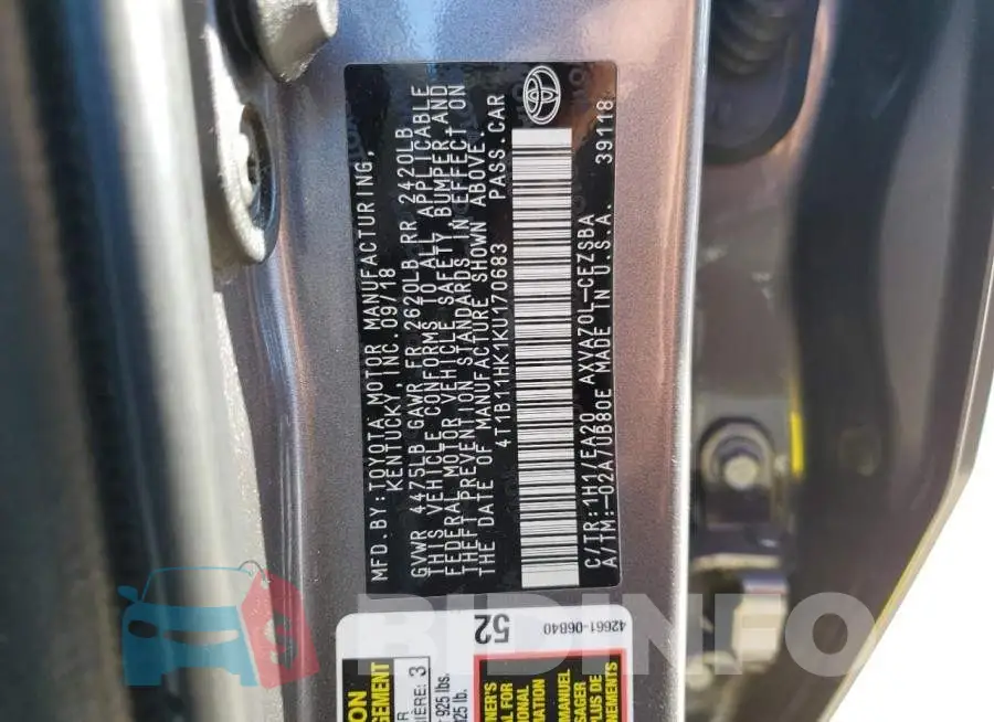 4T1B11HK1KU170683 Photo# 12
