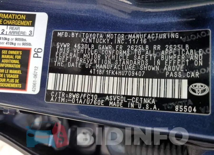 4T1BF1FK4HU709407 Photo# 12