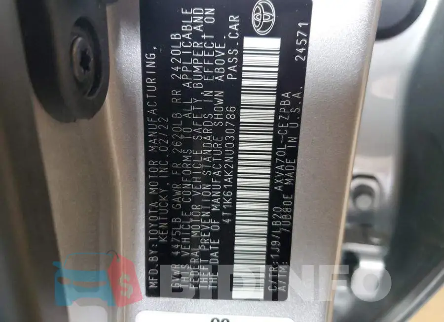 4T1K61AK2NU030786 Photo# 13