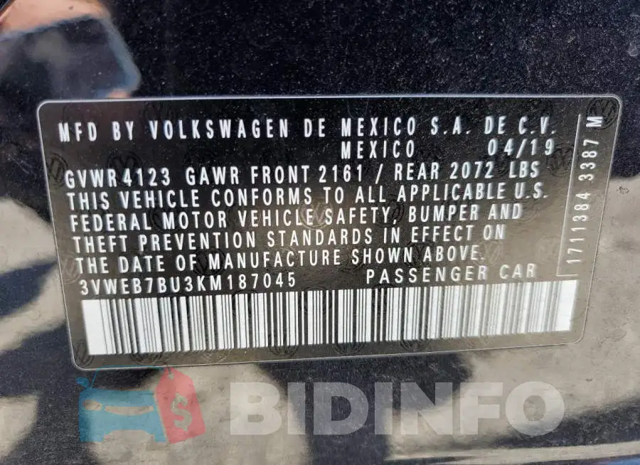 3VWEB7BU3KM187045 Photo# 12