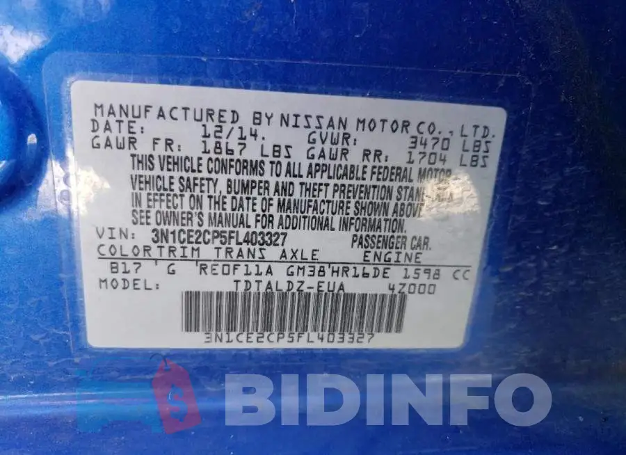 3N1CE2CP5FL403327 Photo# 13