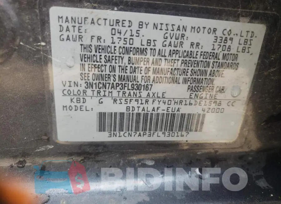 3N1CN7AP3FL930167 Photo# 12