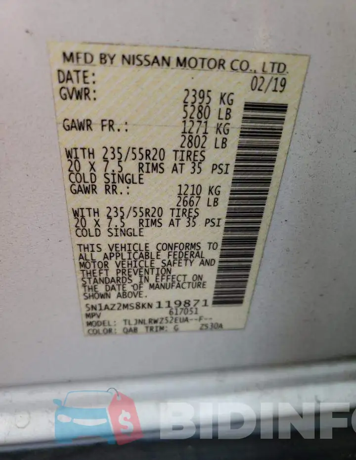 5N1AZ2MS8KN119871 Photo# 12