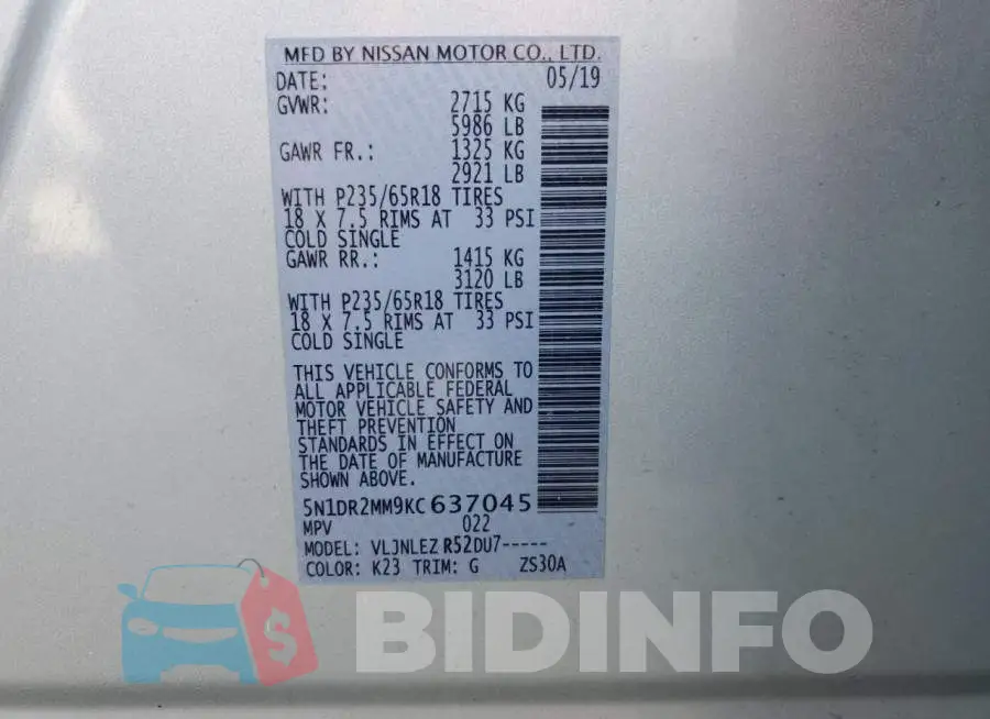 5N1DR2MM9KC637045 Photo# 14