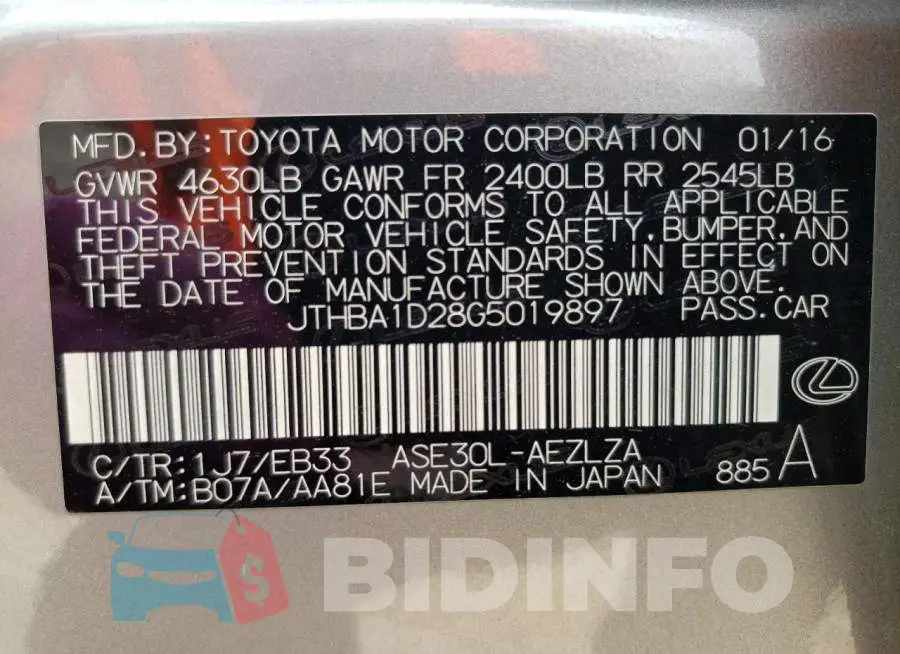 JTHBA1D28G5019897 Photo# 12