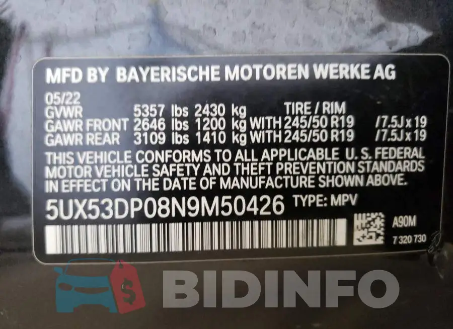 5UX53DP08N9M50426 Photo# 13