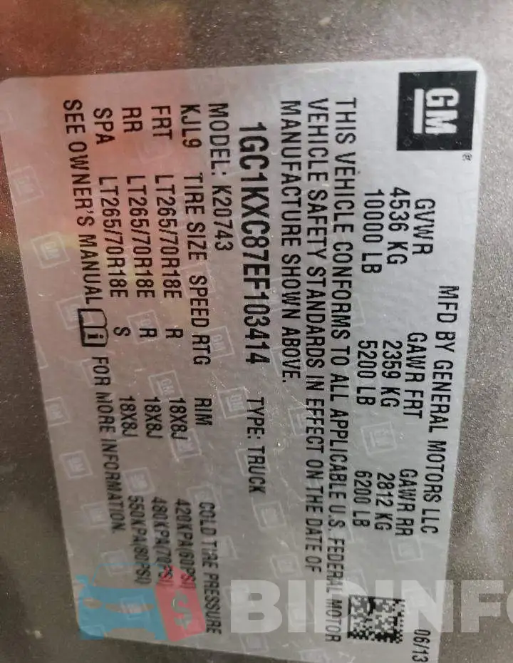 1GC1KXC87EF103414 Photo# 13