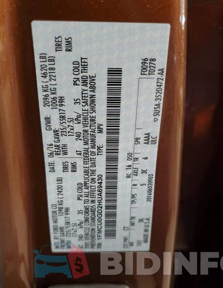 1FMCU0GD2HUA69430 Photo# 14