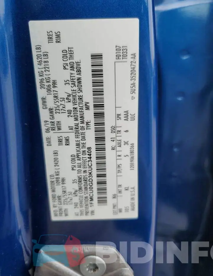1FMCU0GD3KUC34408 Photo# 13