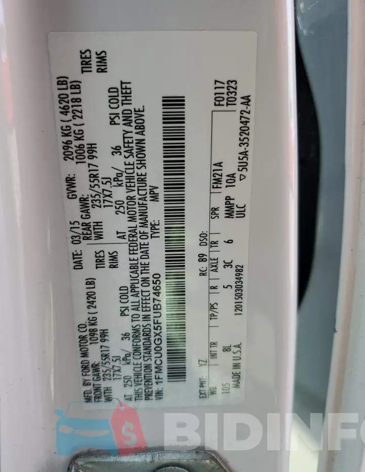 1FMCU0GX5FUB74650 Photo# 14