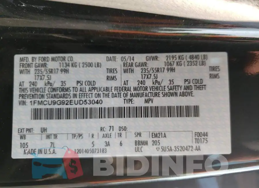 1FMCU9G92EUD53040 Photo# 12