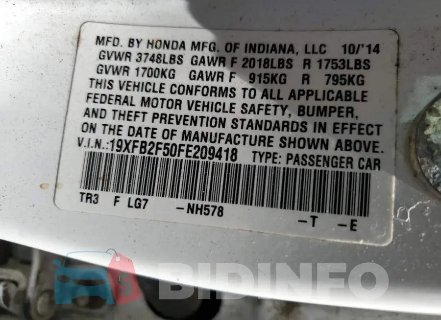 19XFB2F50FE209418 Photo# 12