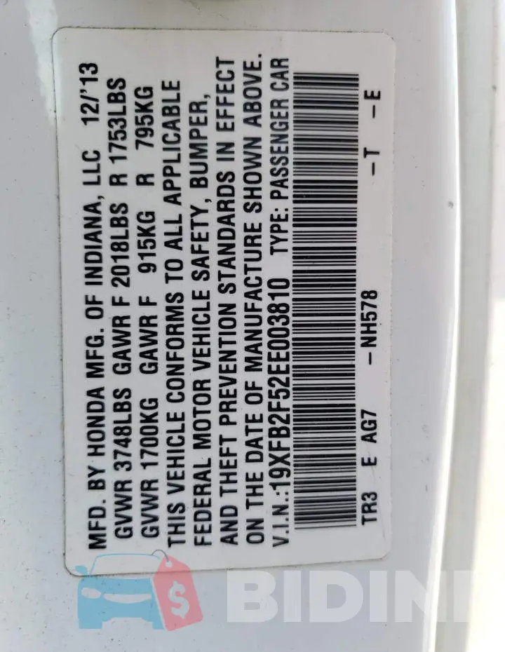 19XFB2F52EE003810 Photo# 12