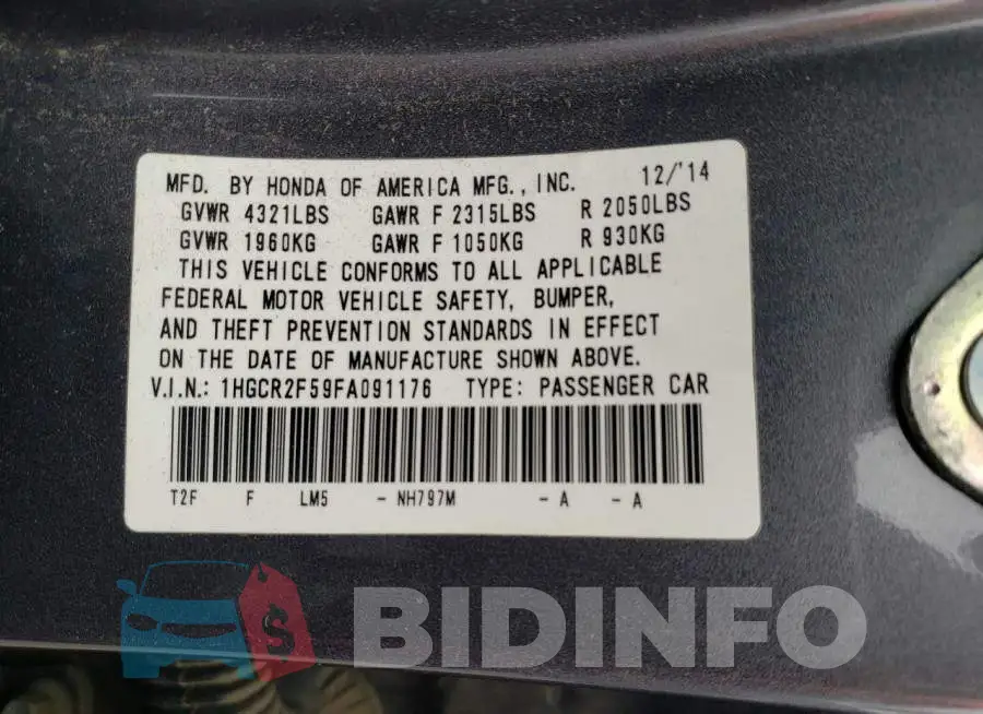 1HGCR2F59FA091176 Photo# 12