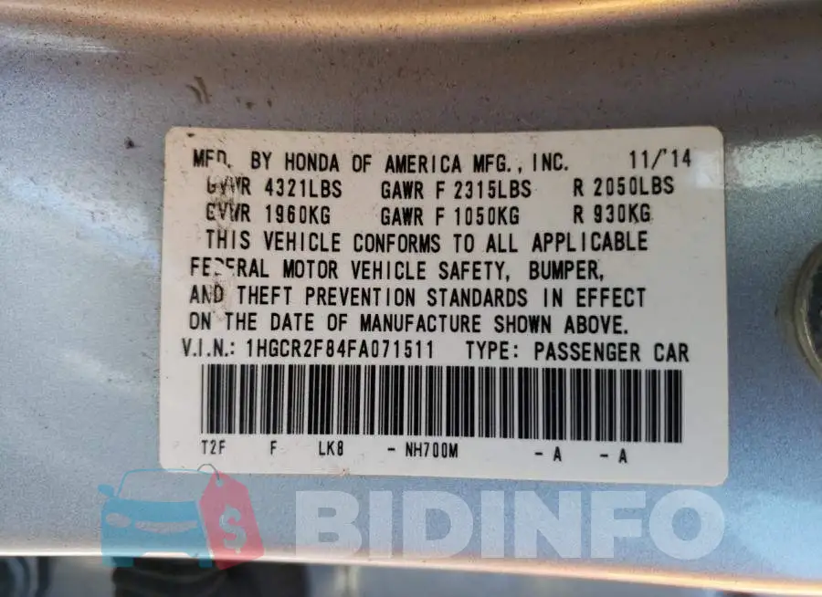 1HGCR2F84FA071511 Photo# 13