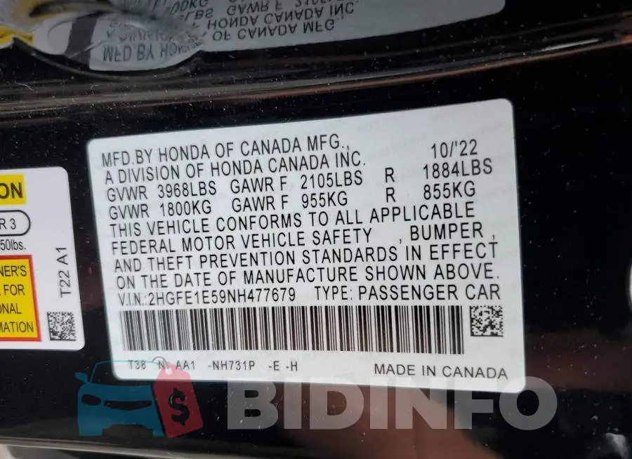 2HGFE1E59NH477679 Photo# 12