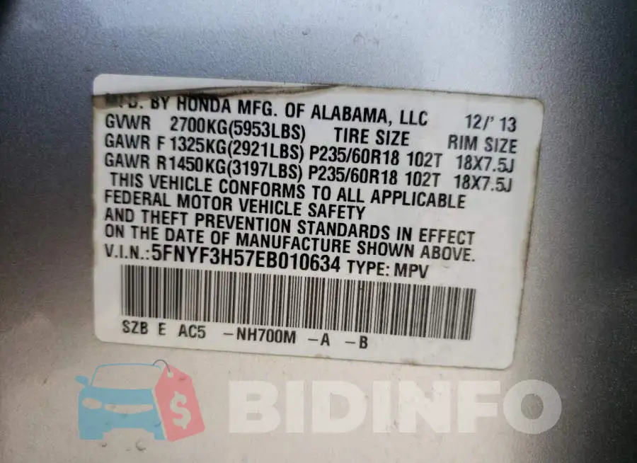 5FNYF3H57EB010634 Photo# 12