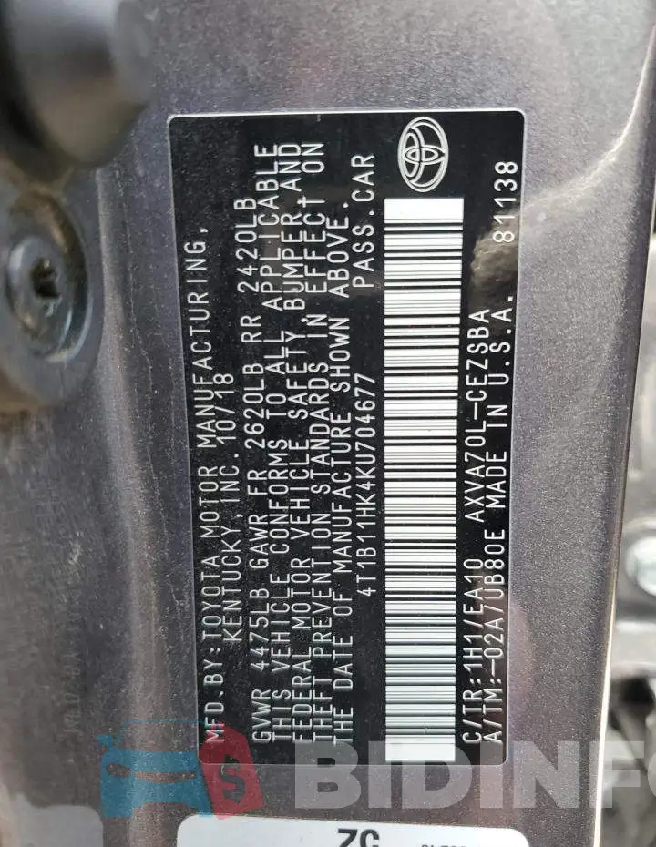 4T1B11HK4KU704677 Photo# 13