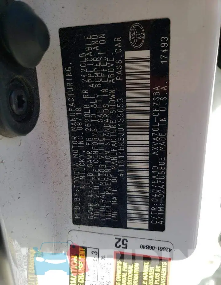 4T1B11HK5JU155053 Photo# 12