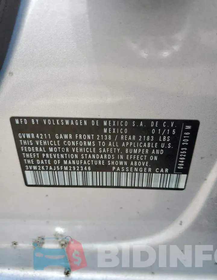3VW2K7AJ5FM292346 Photo# 12