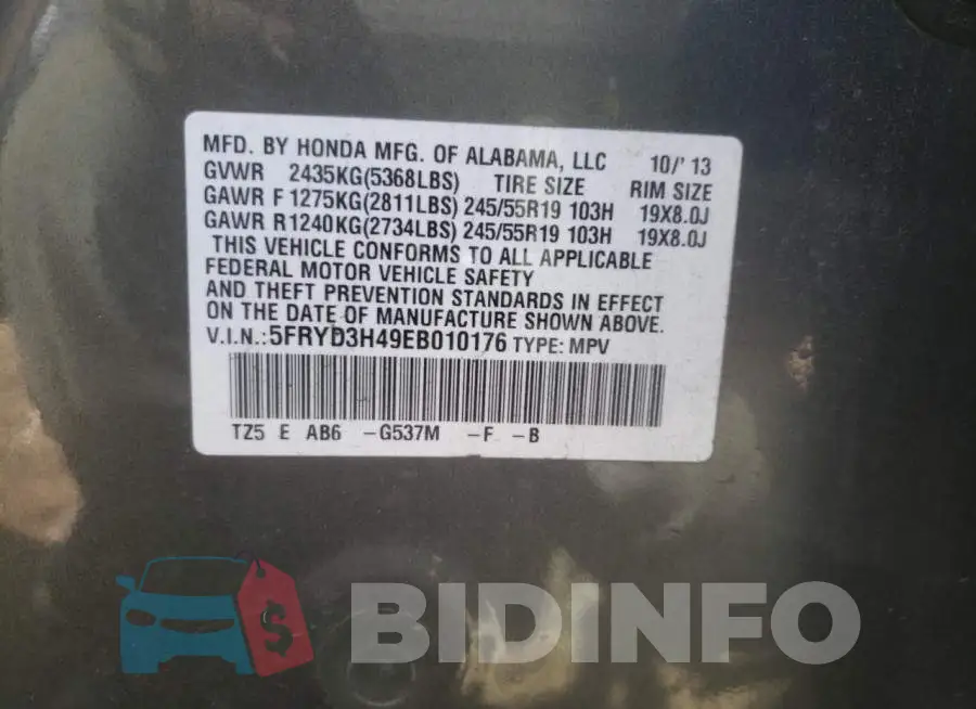 5FRYD3H49EB010176 Photo# 13