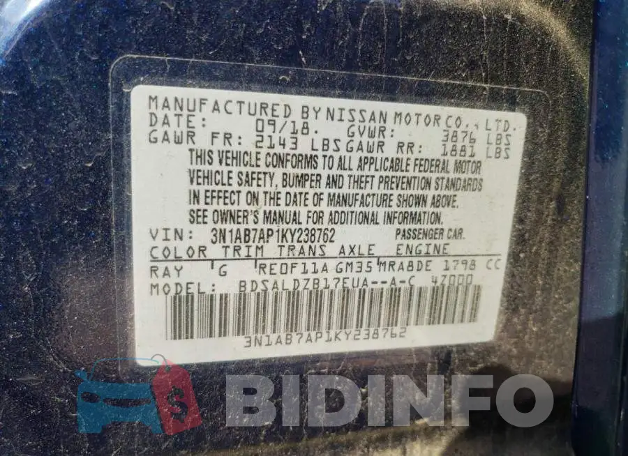 3N1AB7AP1KY238762 Photo# 12