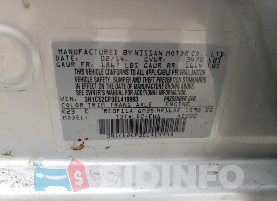 3N1CE2CP3EL419993 Photo# 13