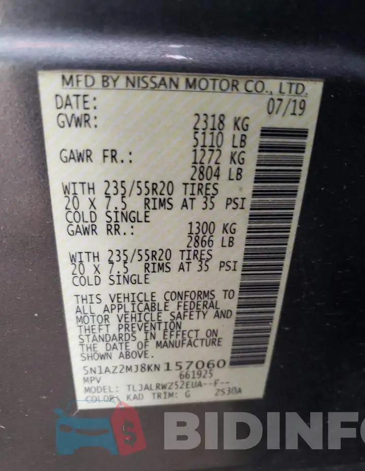 5N1AZ2MJ8KN157060 Photo# 13