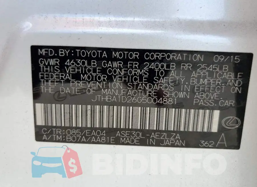 JTHBA1D26G5004881 Photo# 12
