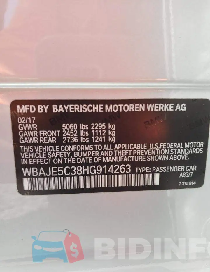WBAJE5C38HG914263 Photo# 12