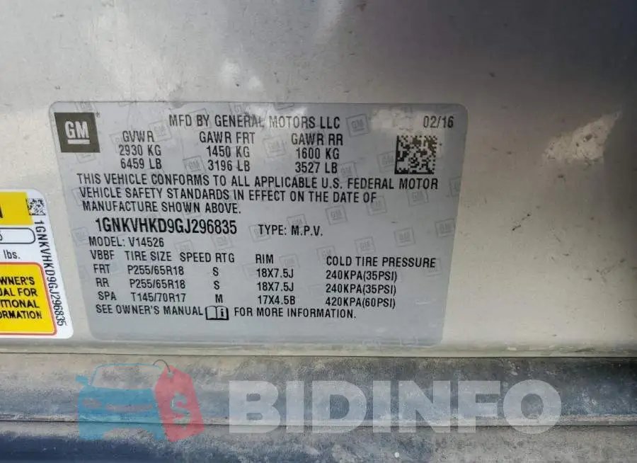 1GNKVHKD9GJ296835 Photo# 13