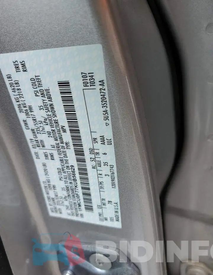 1FMCU0F77KUB56629 Photo# 12