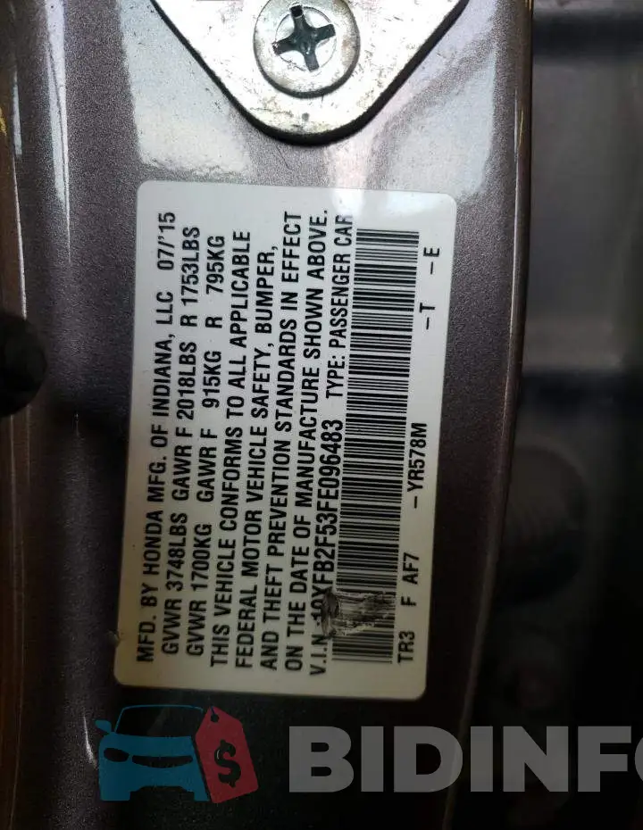 19XFB2F53FE096483 Photo# 12