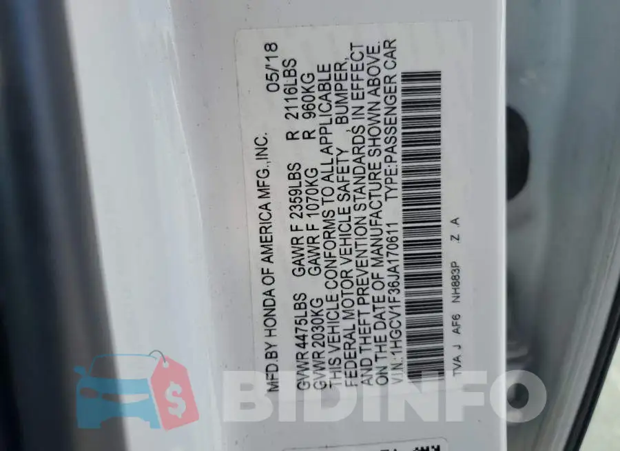 1HGCV1F36JA170611 Photo# 13