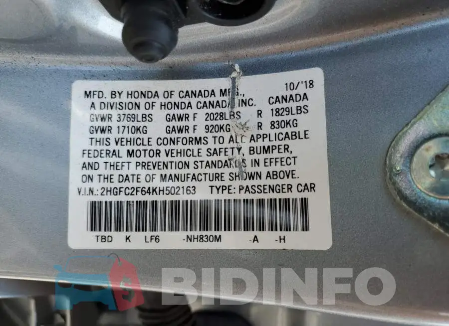 2HGFC2F64KH502163 Photo# 12
