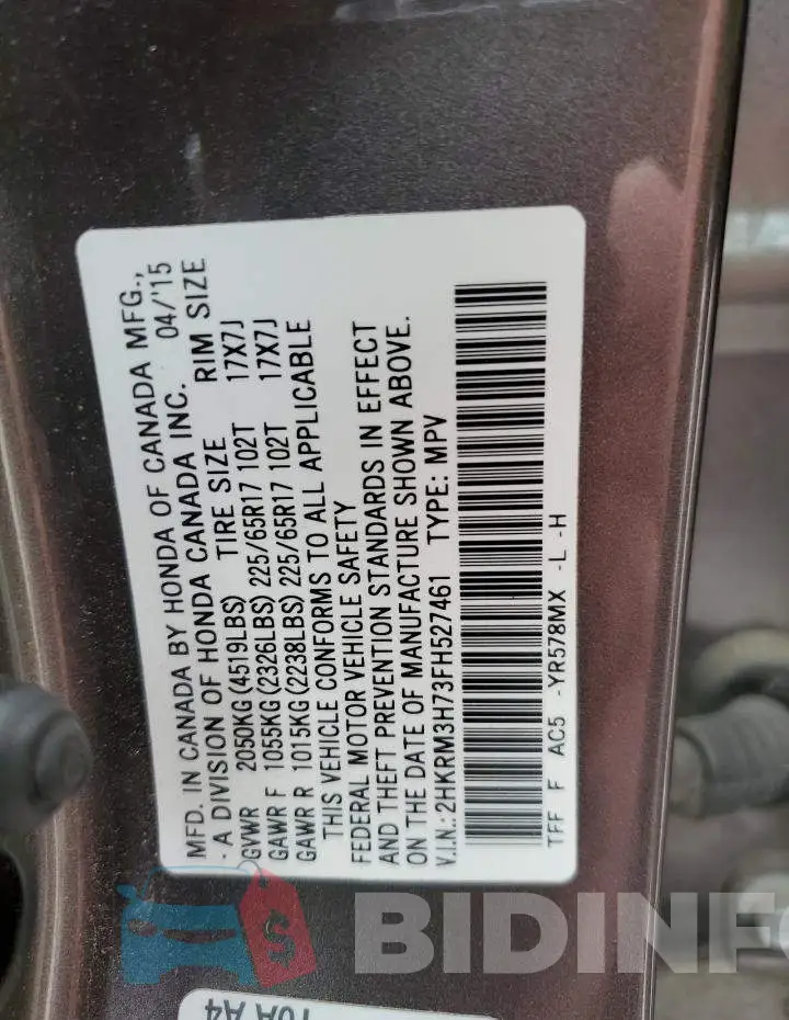 2HKRM3H73FH527461 Photo# 12
