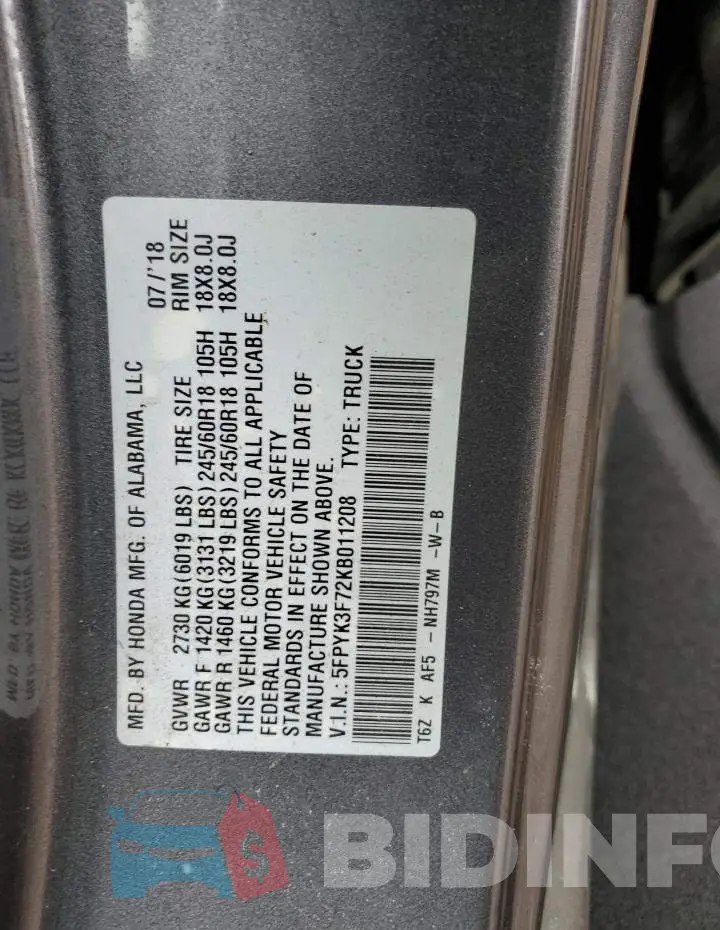 5FPYK3F72KB011208 Photo# 12