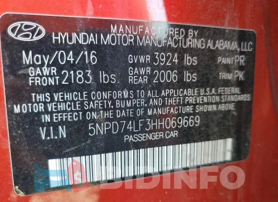 5NPD74LF3HH069669 Photo# 12