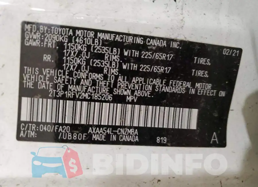 2T3P1RFV2MC185206 Photo# 10