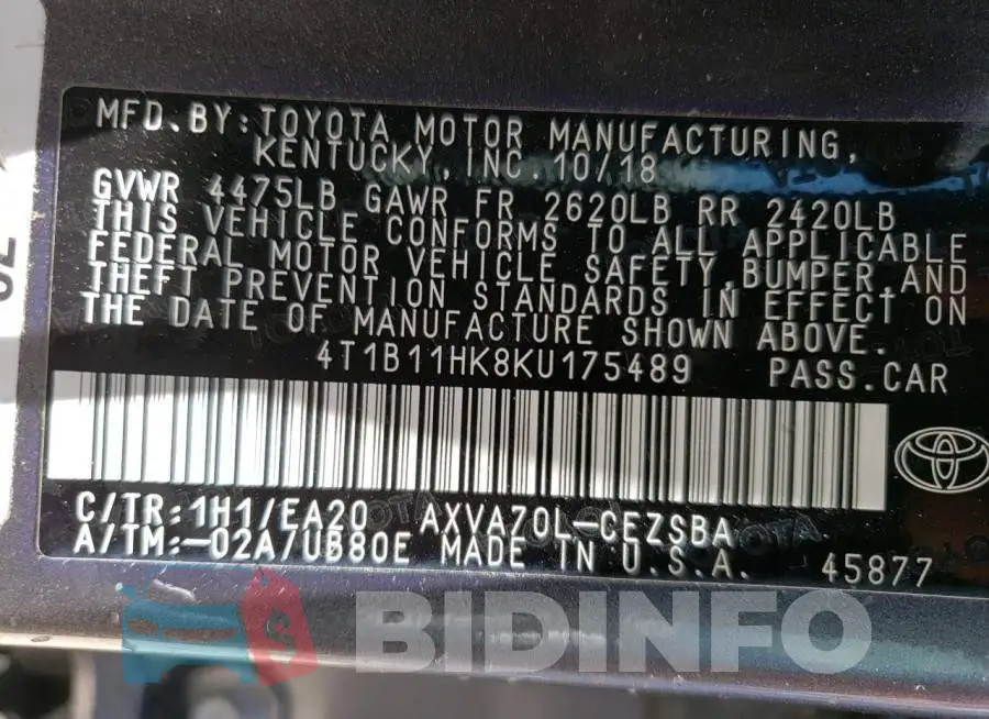 4T1B11HK8KU175489 Photo# 12