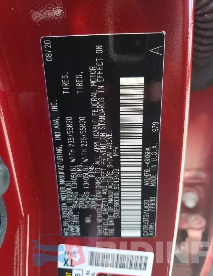 5TDEBRCHXLS013409 Photo# 13