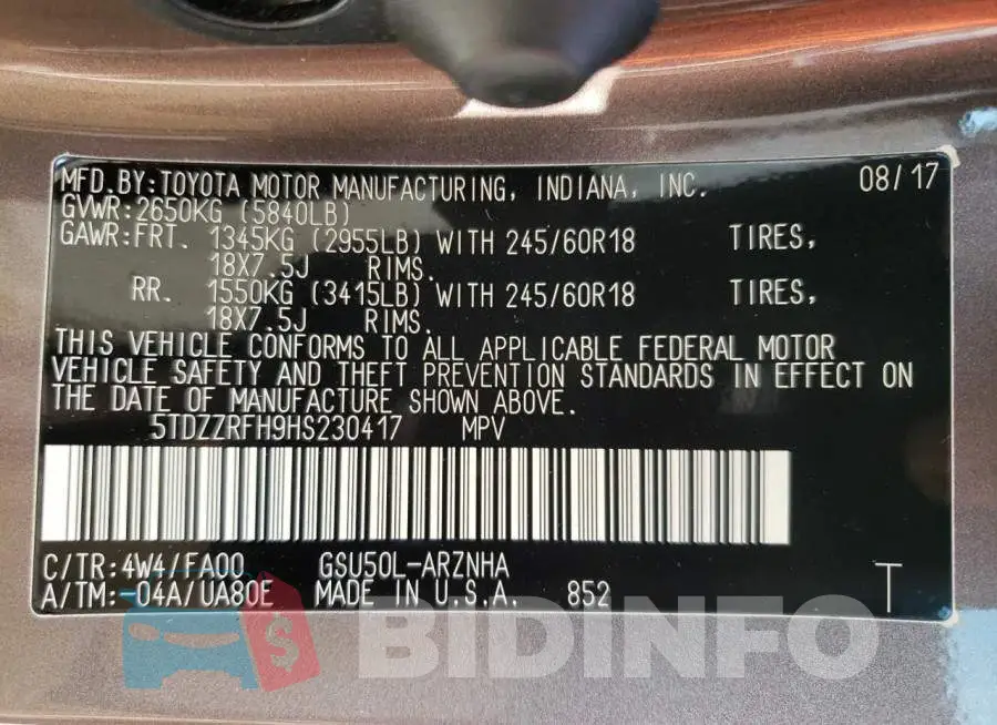 5TDZZRFH9HS230417 Photo# 13