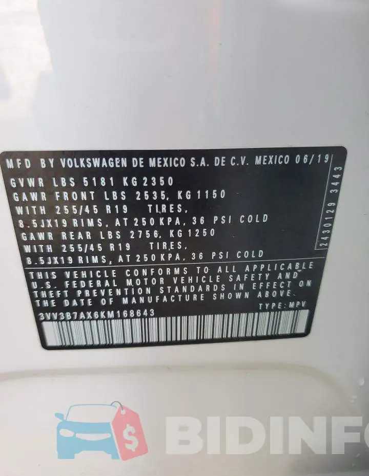 3VV3B7AX6KM168643 Photo# 14